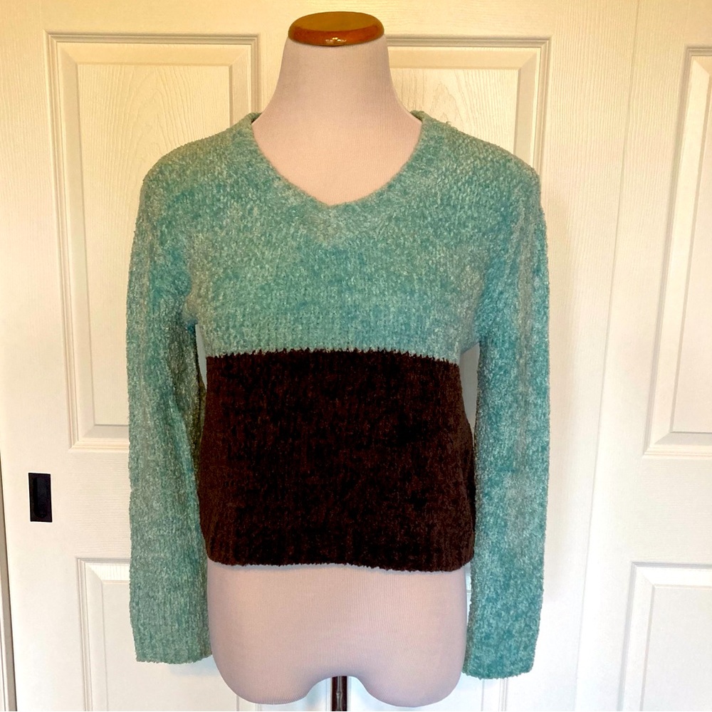 Evolution Turquoise Brown Color Block Chenille Sweater M